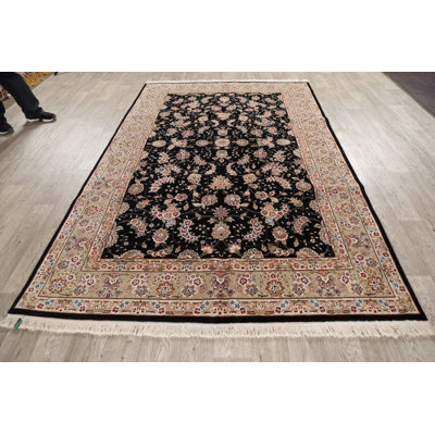 Tapis noir / beige noué à la main de conception unique 5 pi 10 po x 9 pi 1 po New Age