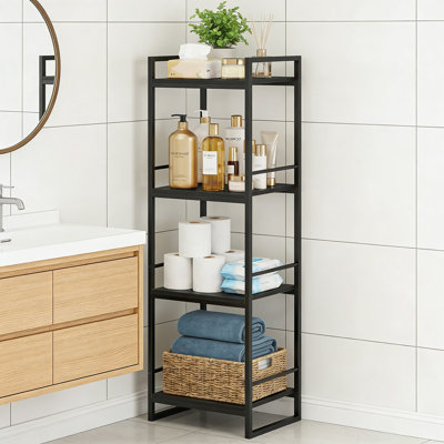 Étagère de rangement autoportante à 4 niveaux avec structure en métal et tablettes d'aspect bois pour l'organisation de la salle de bain, de la cuisine et du salon