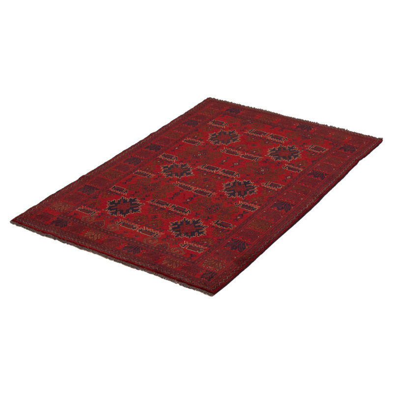 Tapis rouge en laine noué à la main de conception unique 4 pi 2 po x 6 pi 4 po Moriyah