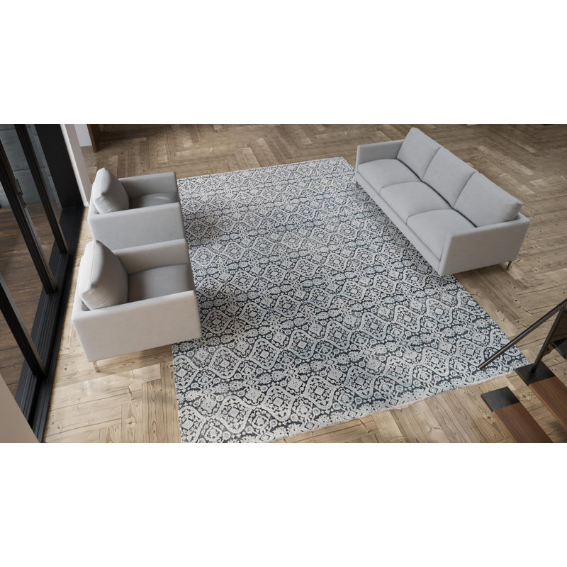 Blue Transitional Wool Silk Blend Rug - 10'1" x 14'1"