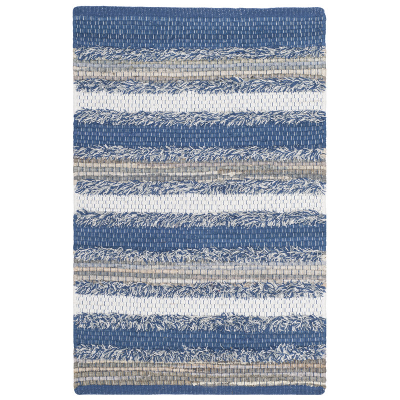 Tapis bleu / gris / blanc en coton tissé à plat à la main Monaca, Rectangle 5 pi x 8 pi