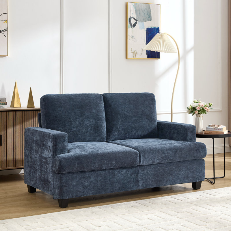 Compact Two-Person Soft Velvet Chenille Sofa Bed Without Footrest, Blue Chenille