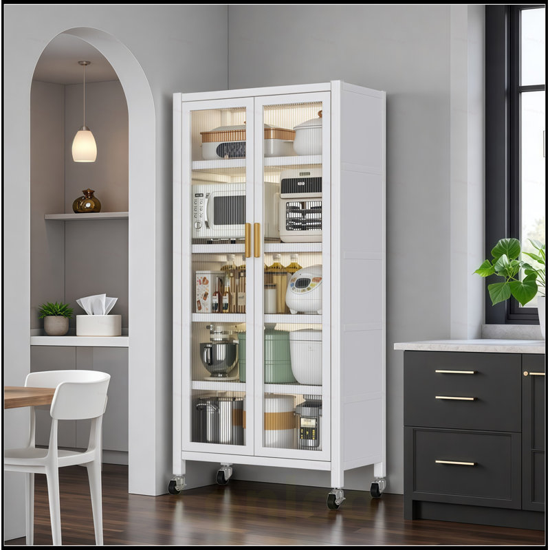 Durable 6-Tier Metal Kitchen Pantry Storage Cabinet with Transparent Doors, Adjustable Shelves, and Wheels for Versatile Use