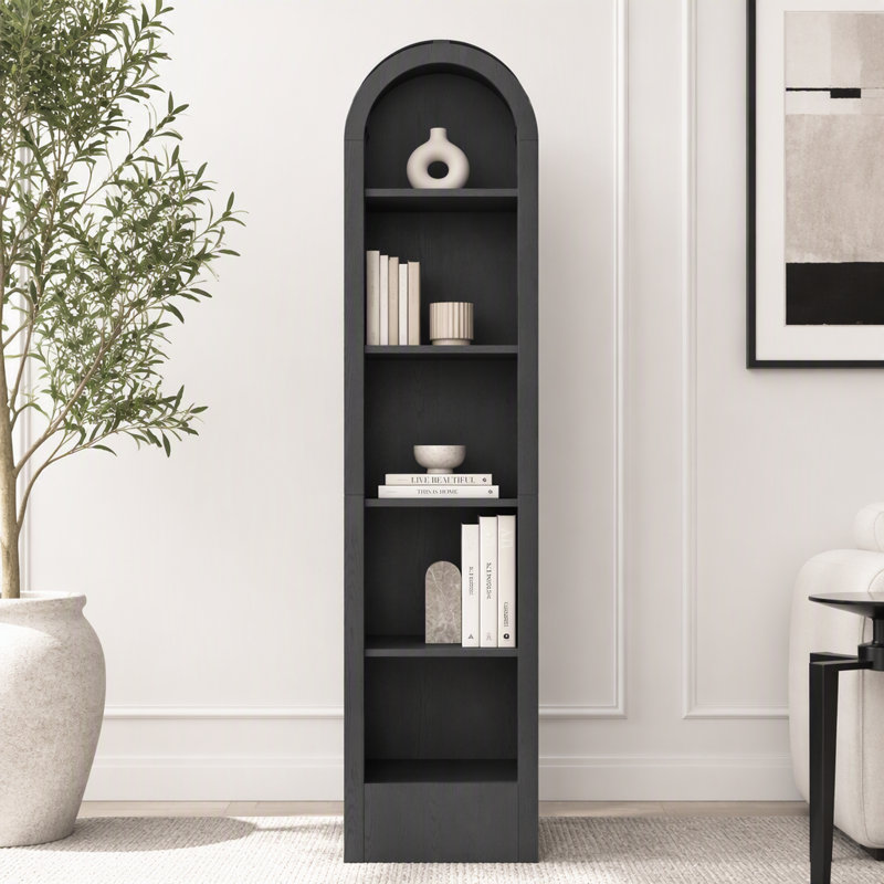 Petite bibliothèque arquée de 67 po à 5 niveaux avec tablette de rangement ouverte Mid-Century, White