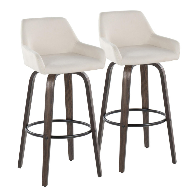 Daniella 30" Contemporary Fixed-Height Barstool With Swivel In Walnut Glazed Wood And Fabric With Round  Metal Footrest By Lumisource - Set Of 2