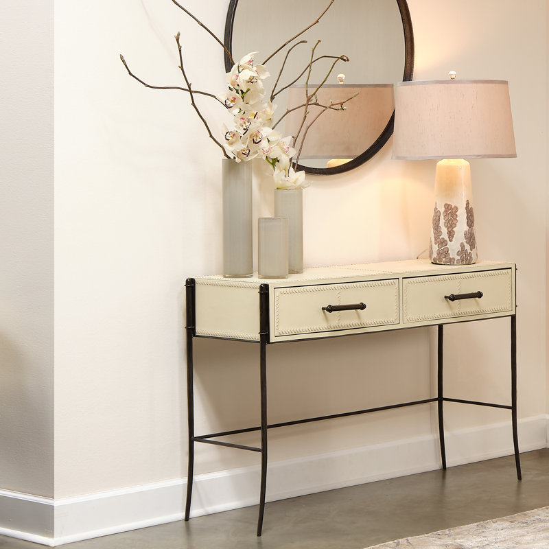 Nevado 50" Off-White Leather and Black Iron Console Table with Storage