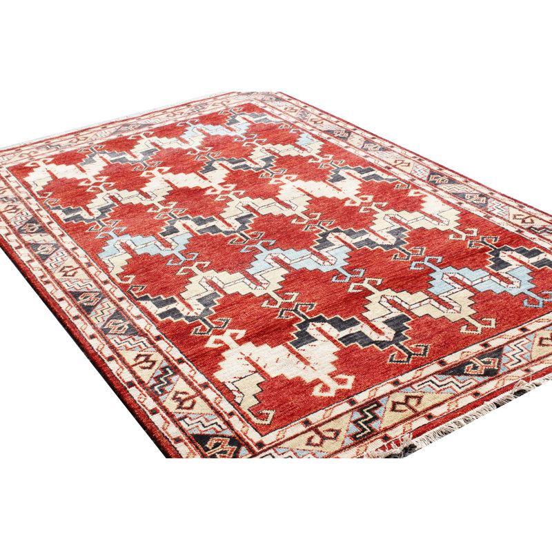 Tapis rouille et multicolore noué à la main à motif géométrique tribal avec des accents bleus, Rectangle 10 pi x 14 pi