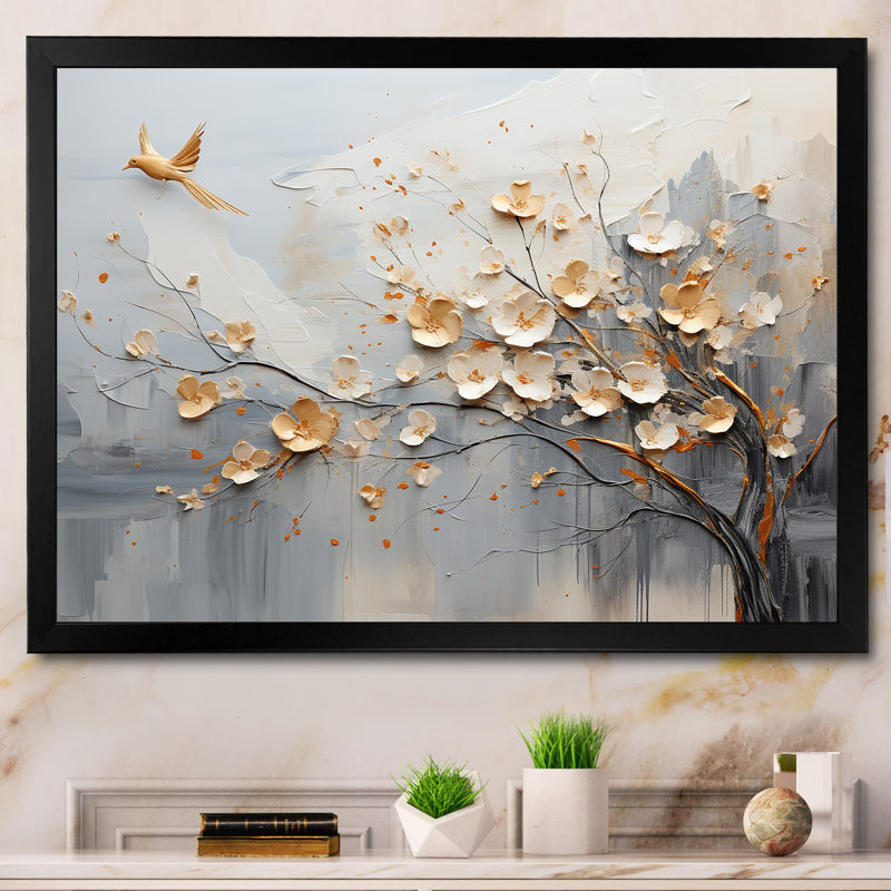 Art mural beige au Japon et arbre doré - formes abstraites, H 24 po x l 32 po x P 1 po, Cadre simple noir