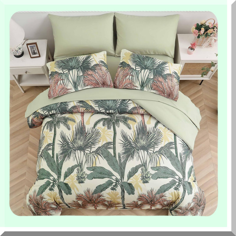 Tropical Oasis 7-Piece Botanical Bedding Set - Green Palm Tree Comforter, Soft Microfiber Sheets, Reversible Design, Pillow Shams & Cases - All-in-One Bed in a Bag