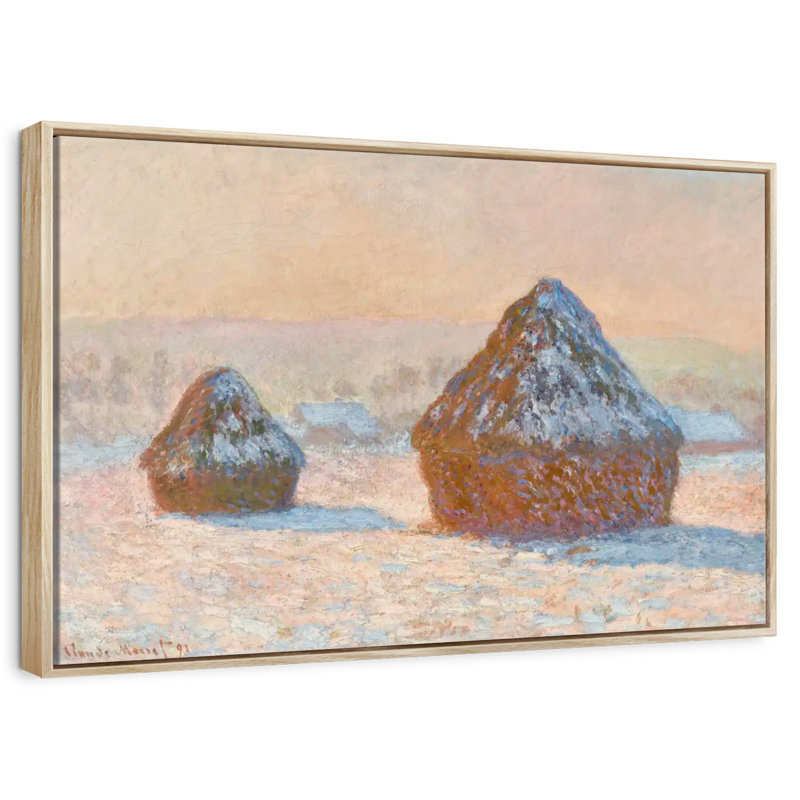 Wheatstacks Snow Effect Morning 1891, Cadre flottant en bois naturel, 46 po x 31 po