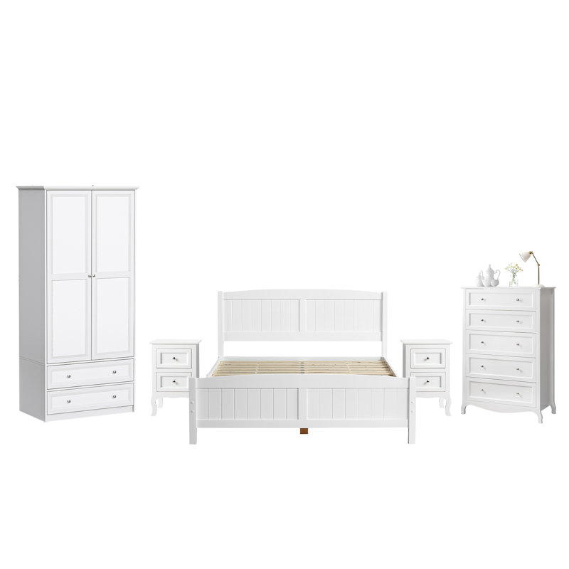 Ensemble de chambre à coucher 5 pièces avec lit simple, Lit simple, 5 pièces: lit, 2 tables de chevet, commode et arm