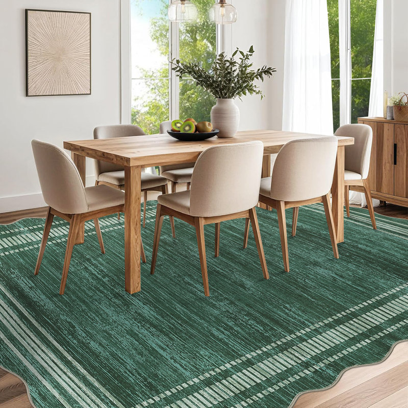 9x12 FT Area Rug, Modern Striped Border Accent Rug, Machine Washable Low Pile Non-Slip Indoor Carpet for Entryway, Bedside, Dorm, Living Room, Green
