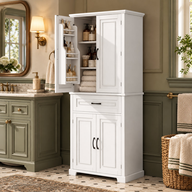 Stepheny Bathroom Storage Cabinet with Drawer and Adjustable Shelves, 29.8"W x 72.1"H x 15.6"D, White
