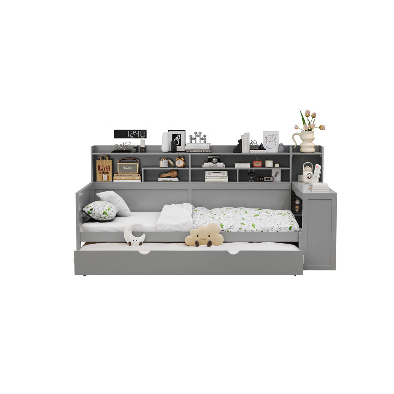 Lit simple en bois gris avec tablettes de rangement, lit gigogne et bureau d'étude, Lit simple