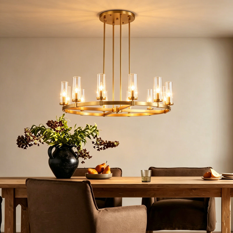 Andrade 12-Light Dimmable Metal Wagon Wheel Chandelier, Gold