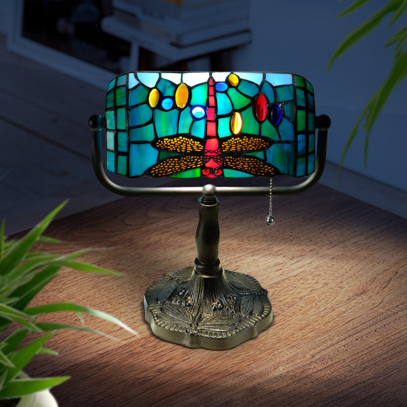 Lampe libellule style libellule Tiffany - abat-jour réglable en verre pur fait à la main 10,5 po, base en résine avec ampoule DEL 8 W et interrupteur à fermeture à glissière, décor rétro pour chambre à coucher, salon et bureau, vert sarcelle