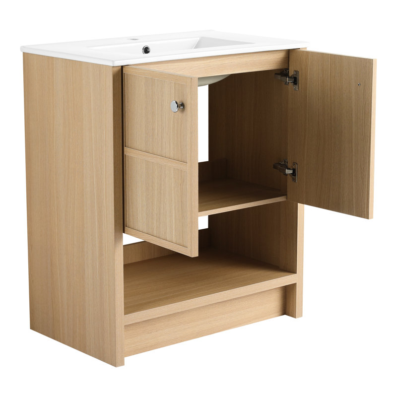 Meuble-lavabo de 76 cm (30 po), contreplaqué de chêne, céramique - Meuble-lavabo autoportant en contreplaqué avec lavabo et grand espace de rangement