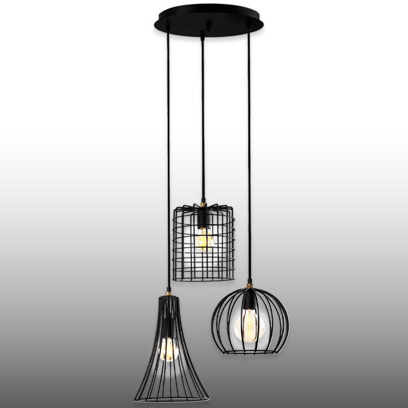 Luminaire suspendu cage en métal 3 lumières à hauteur réglable