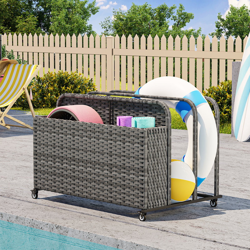 Poolside Deck Box, Poolside Storage Organizer With Pe Rattan Wicker Basket, For Floats & Accessories, Galvanized Frame With Locking Wheels