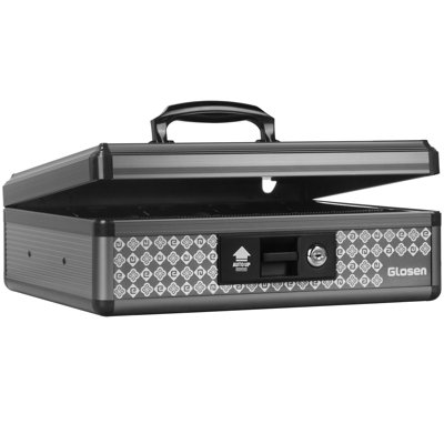 Portable Aluminum Cash Lock Box with 2 Keys, Double-Layer Money Storage Organizer with Removable Tray and Carry Handle, Large Capacity Security Box for Home Office Business