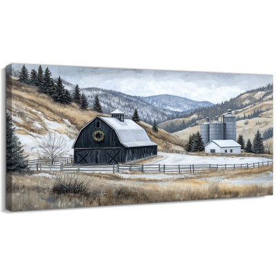  Art mural de Noël scène d'hiver, impressions sur toile ferme grange et silos, décoration murale campagne enneigée, œuvre suspendue rustique pour le salon, la chambre à coucher, les photos de maison de vacances, 48 po x 24 po