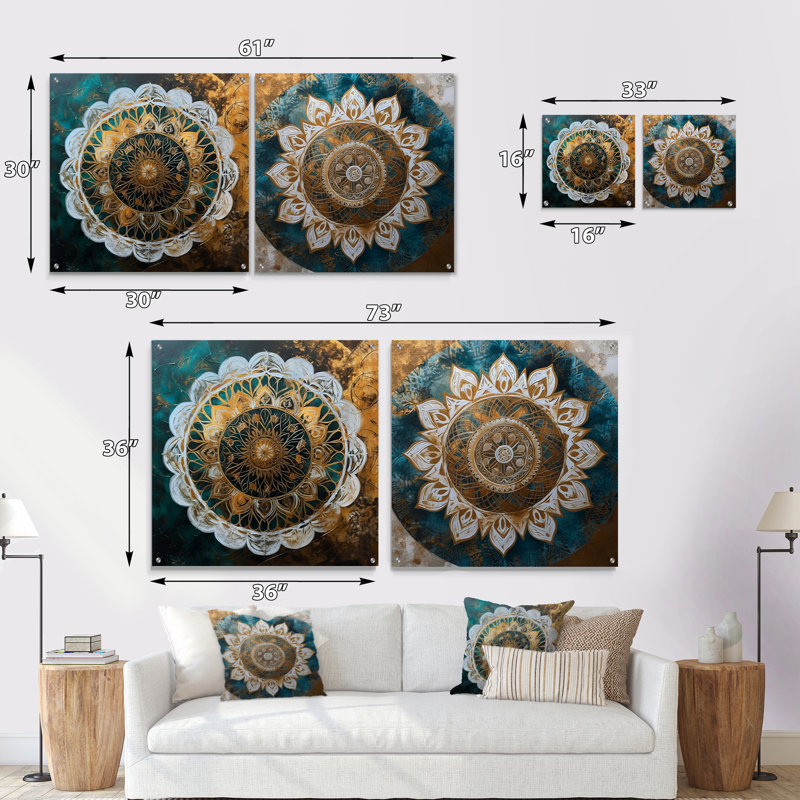 Bleu sarcelle et or Mandala I - Boho Mandala, ensemble de 2 verres muraux en acrylique, H 36 po x l 73 po