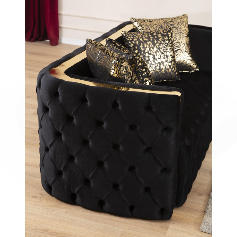 Ensemble de canapé capitonné à boutons 3 pièces avec tissu velours et accent doré noir