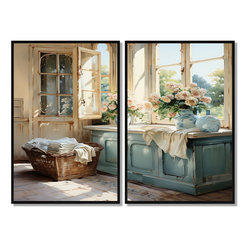 Laundry Room French Vintage I - Décoration murale moderne blanche, Black, 36" H x 48" W, Impression encadrée flottante