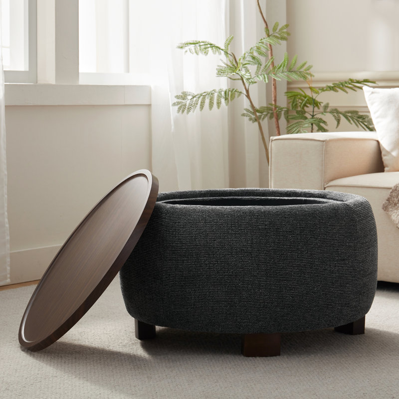 Repose-pieds rembourré avec rangement et plateau en bois, Textured Black Blend Chenille