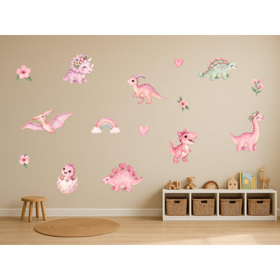 Pink Dinosaur Wall Decals, Set of 15 Peel and Stick Nursery Wall Stickers, Satin Finish Removable Kids Room Wall Art, 20"W x 20"H (50 x 50 cm)