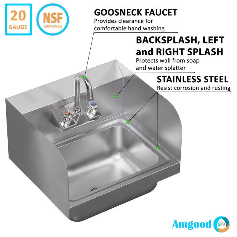 17in Stainless Steel Wall Mounted Hand Sink with Gooseneck Faucet