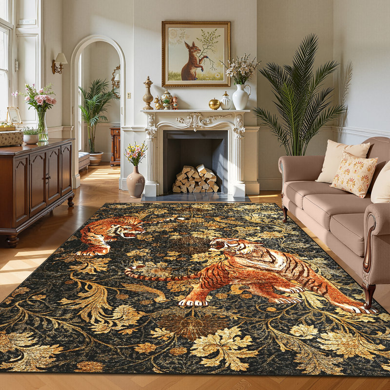 Tapis lavables Tiger pour tapis de salon Vintage, Brun, Rectangle 6 pi x 9 pi