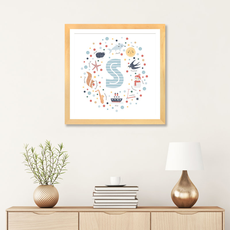 Lettre illustrée bleue - reproduction, H 24 po x l 24 po x p 1 po, Papier avec cadre beige, Blanc