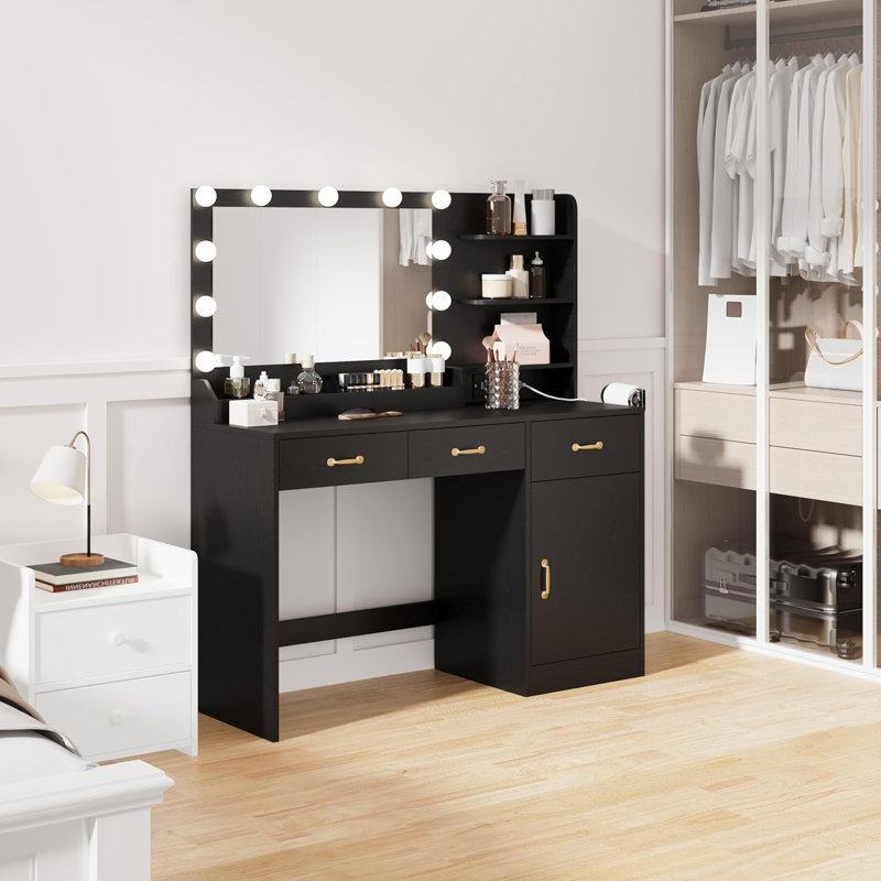 Bureau de coiffeuse avec miroir et lumières, coiffeuse de maquillage avec prise de courant, Noir