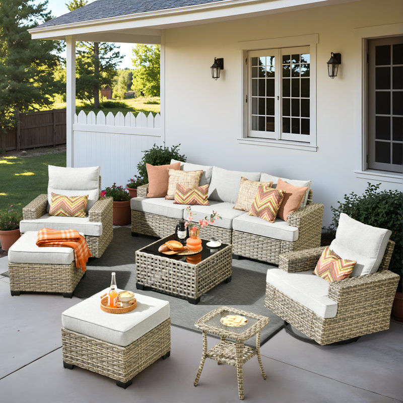 Carolle 8-Piece Outdoor Patio Furniture All-Weather 7-Person PE Wicker Outdoor Conversation Set, Patio Couch Swivel Rocker Chairs With Solar Powered Coffee Tables For Backyard,Poolside,Deck