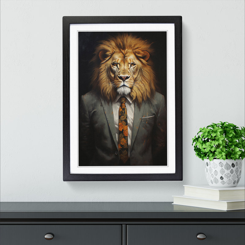 Lion In A Suit Framed Print, 64cm H x 46cm W x 2cm D, Black