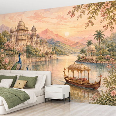 Wall Mural Peel and Stick Wallpaper Ornate Indian Landscape River Floral Gardens Peacocks Sunset Self-Adhesive Removable Contact Paper Wall Decor for