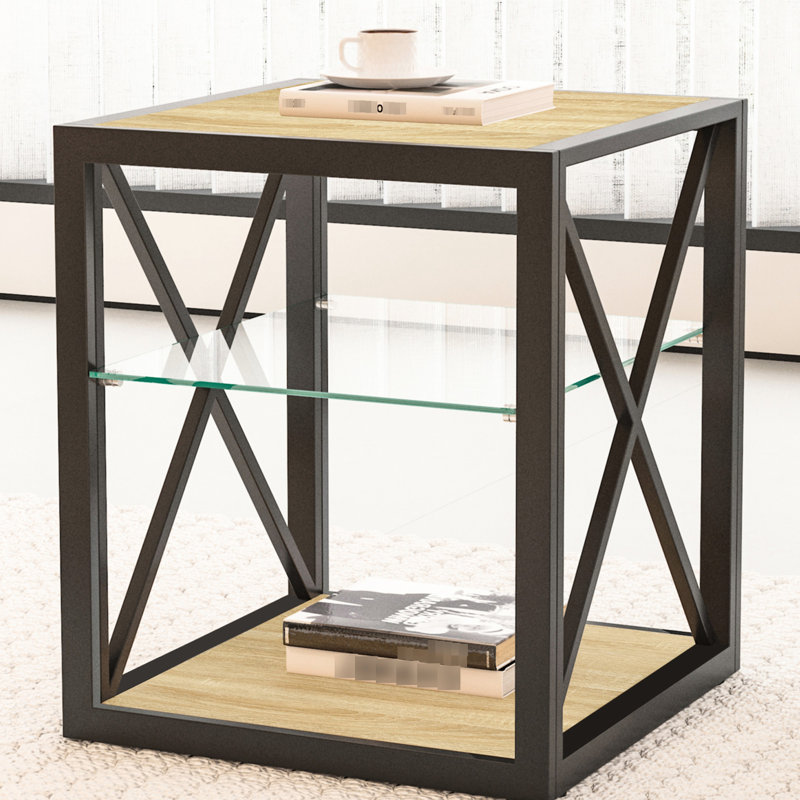 Ensemble de 2 tables de chevet modernes pour chambre et salon, de style industriel, avec dessus en verre trempé et bois naturel. Organiseur à plusieurs niveaux stable et peu encombrant, offrant un rangement compact.