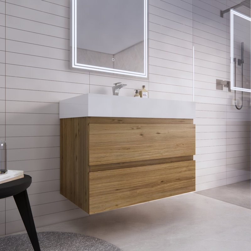 Babajide 35.5'' Single Bathroom Vanity with Acrylic Top, Natural Oak