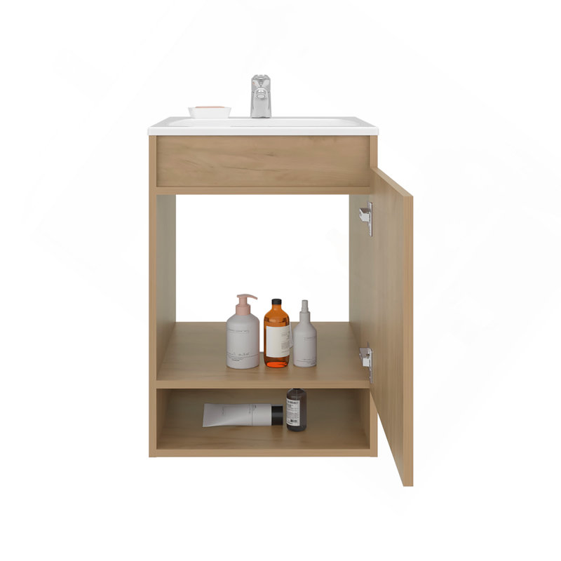 Meuble-lavabo mural flottant avec armoire à une porte et lavabo en résine compact