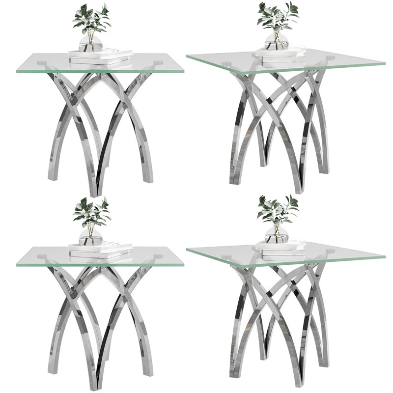 24 Inch Clear Tempered Glass End Table Set Couch Side Table With Mirrored Silver Base Set Of 4