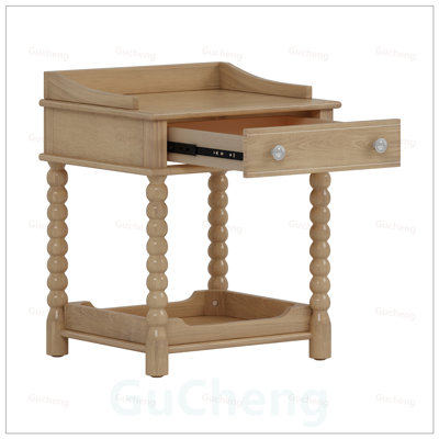 Table de chevet de style rétro avec tiroir et tablette ouverte, pieds tournés et poignée en métal pour le rangement dans la chambre à coucher