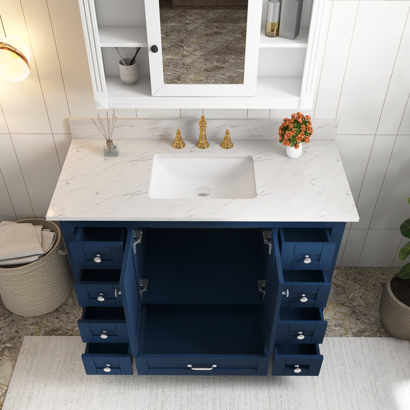 Ensemble de meuble-lavabo mural 48 po avec plateau en bois massif, Marine