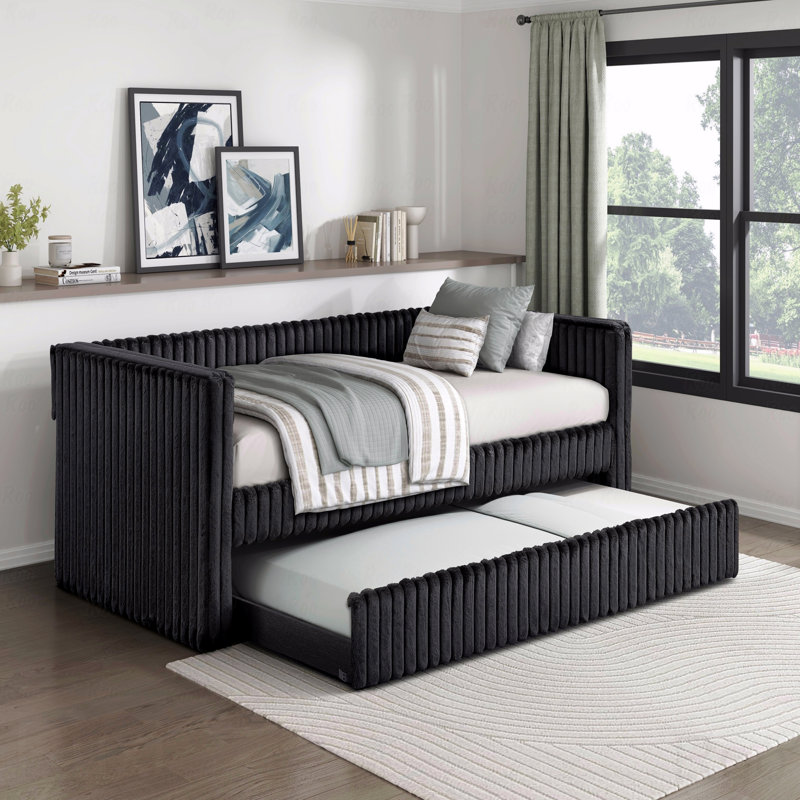 1Pc Trundle Daybed Black Corduroy Fabric Upholstery Modern Luxury Home Furniture Durable Comfortable, Black