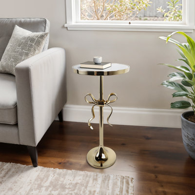 Metal Accent Table with White Marble Top and Decorative Bow Tall Side Table for Living Room, Bedroom, or Office 24" Gold.