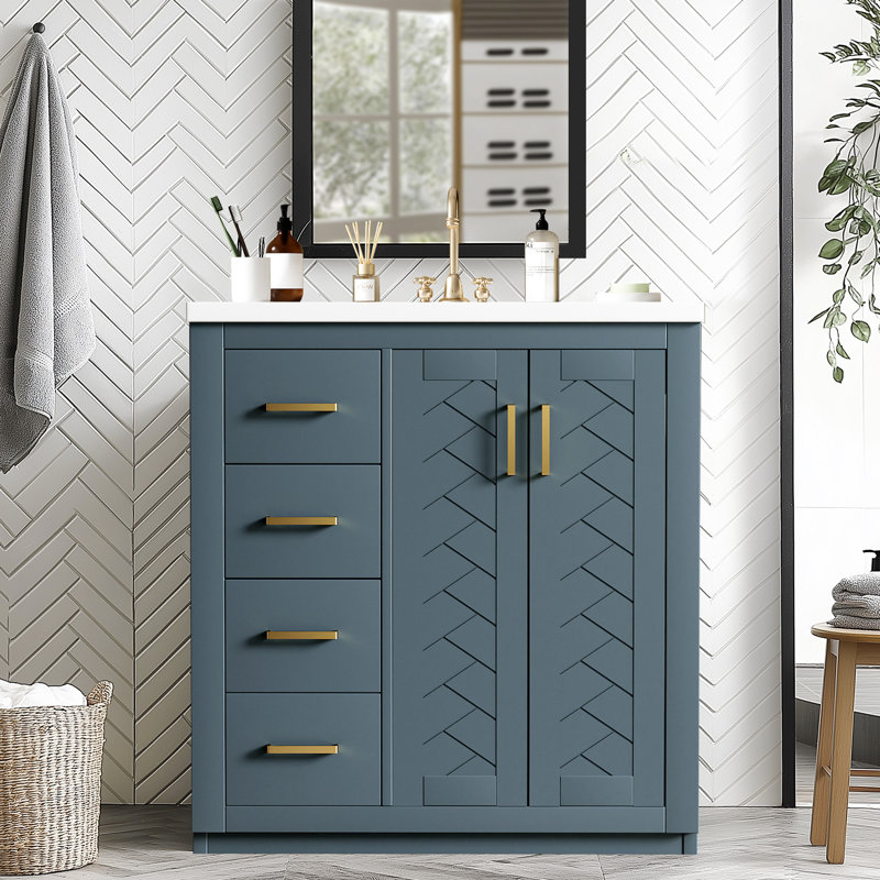 30'' Bathroom Vanity With Ceramic Sink Combo,Solid Wood Frame Bathroom Storage Cabinet, Blue