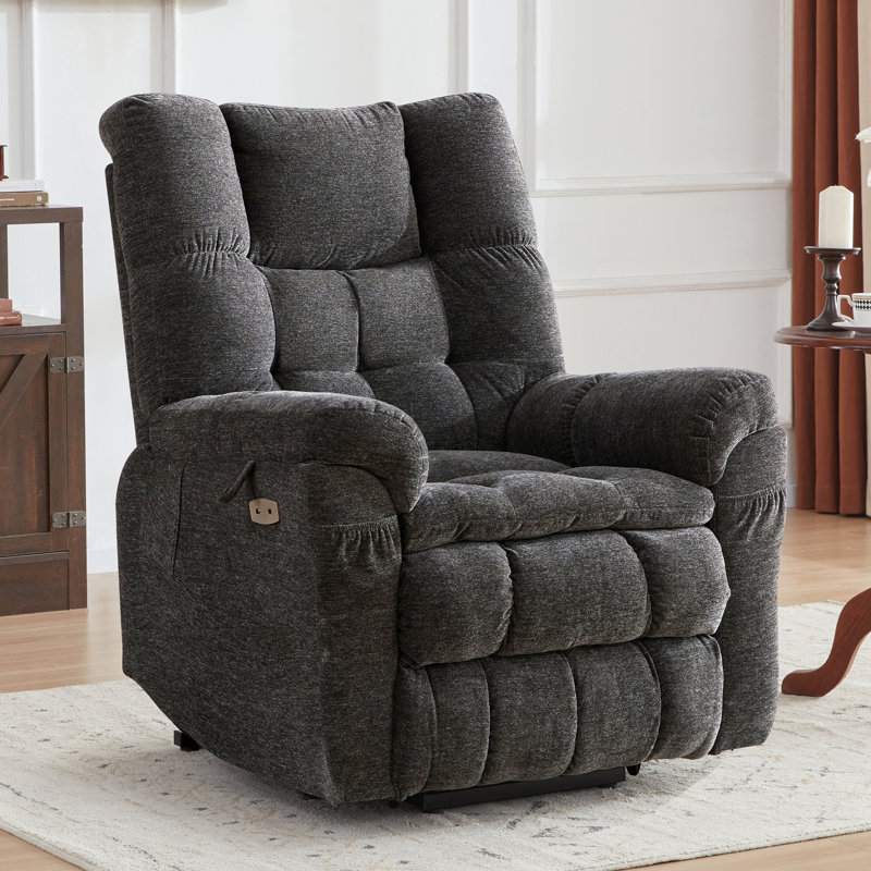 Wajeeh Upholstered Lift Assist Triple Motor Recliner with Massage Heat and Adjustable Headrest, Dark Gray