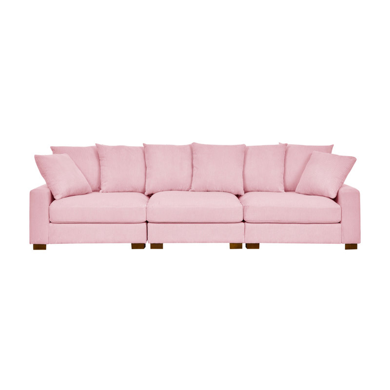 Canapé rembourré 122 po en velours côtelé avec pieds en bois massif, Rose