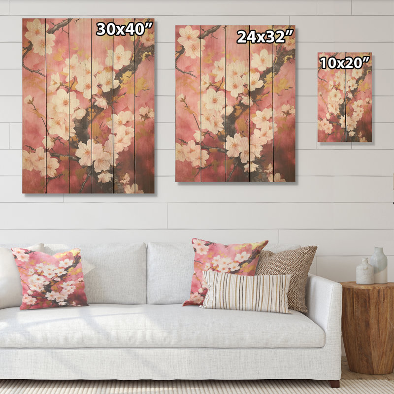 Fleurs de cerisier rose foncé, collage I - art mural en bois de cerisier sur bois de pin naturel, H 20 po x l 10 po