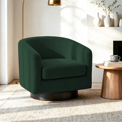 Frankie Upholstered Dark Green Corduroy Swivel Barrel Chair with Solid Wood Base